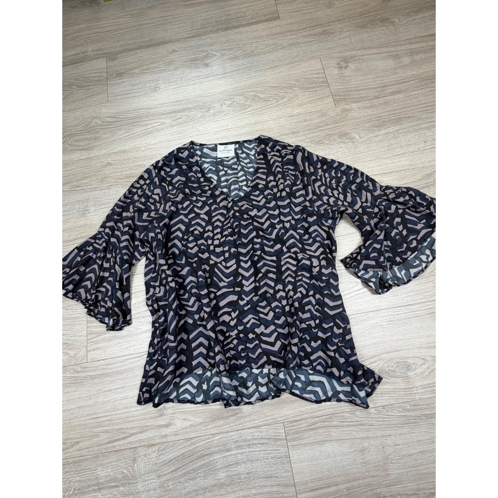 LaRoque Original 100% Silk Chevron V-Neck Blouse Blue Grey Tiered Bell Sleeve‎